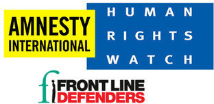 Логотип международных правозащитных организаций Human Rights Watch, Amnesty International и Front Line Defenders. Коллаж "Кавказского узла"
