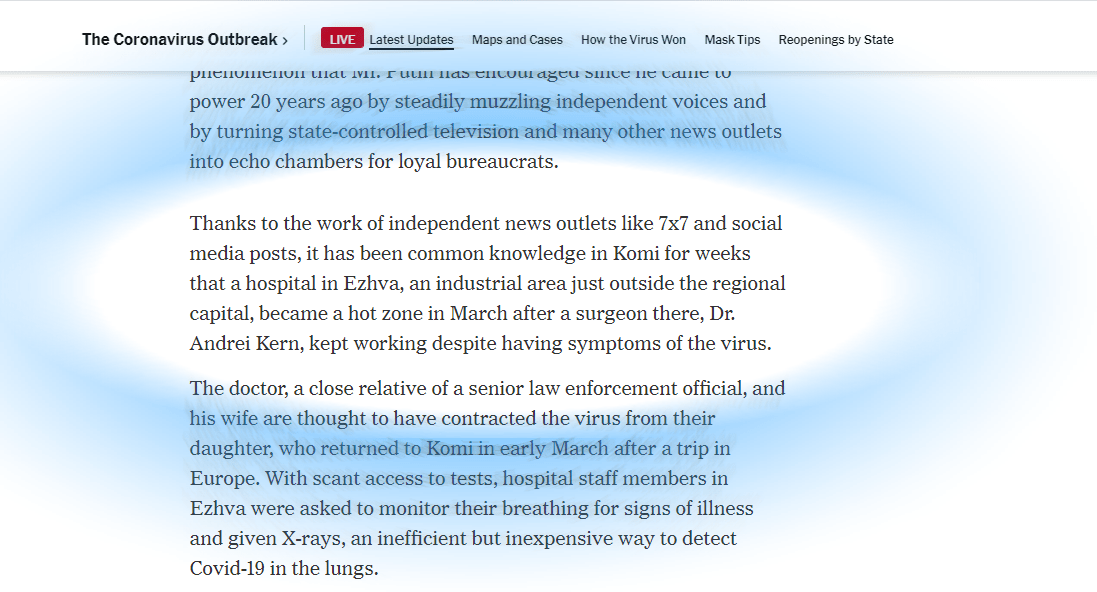 Фрагмент статьи The New York Times. Фото: скриншот - https://www.nytimes.com/2020/04/19/world/europe/russia-komi-coronavirus.html Фрагмент статьи The New York Times. Фото: скриншот - https://www.nytimes.com/2020/04/19/world/europe/russia-komi-coronavirus.html