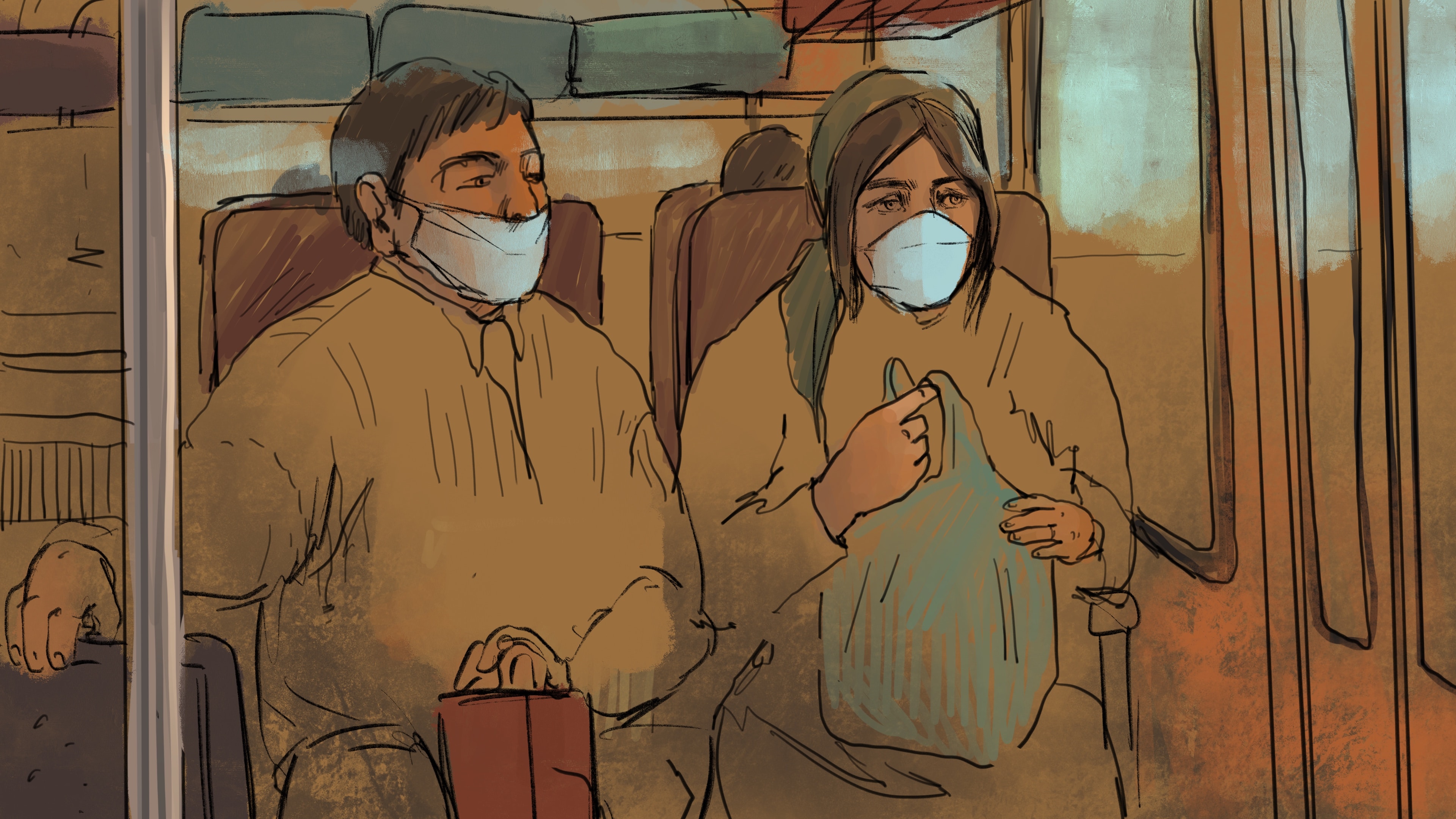 В автобусе. Иллюстрация предоставлена Meydan TV. В автобусе. Иллюстрация предоставлена Meydan TV.