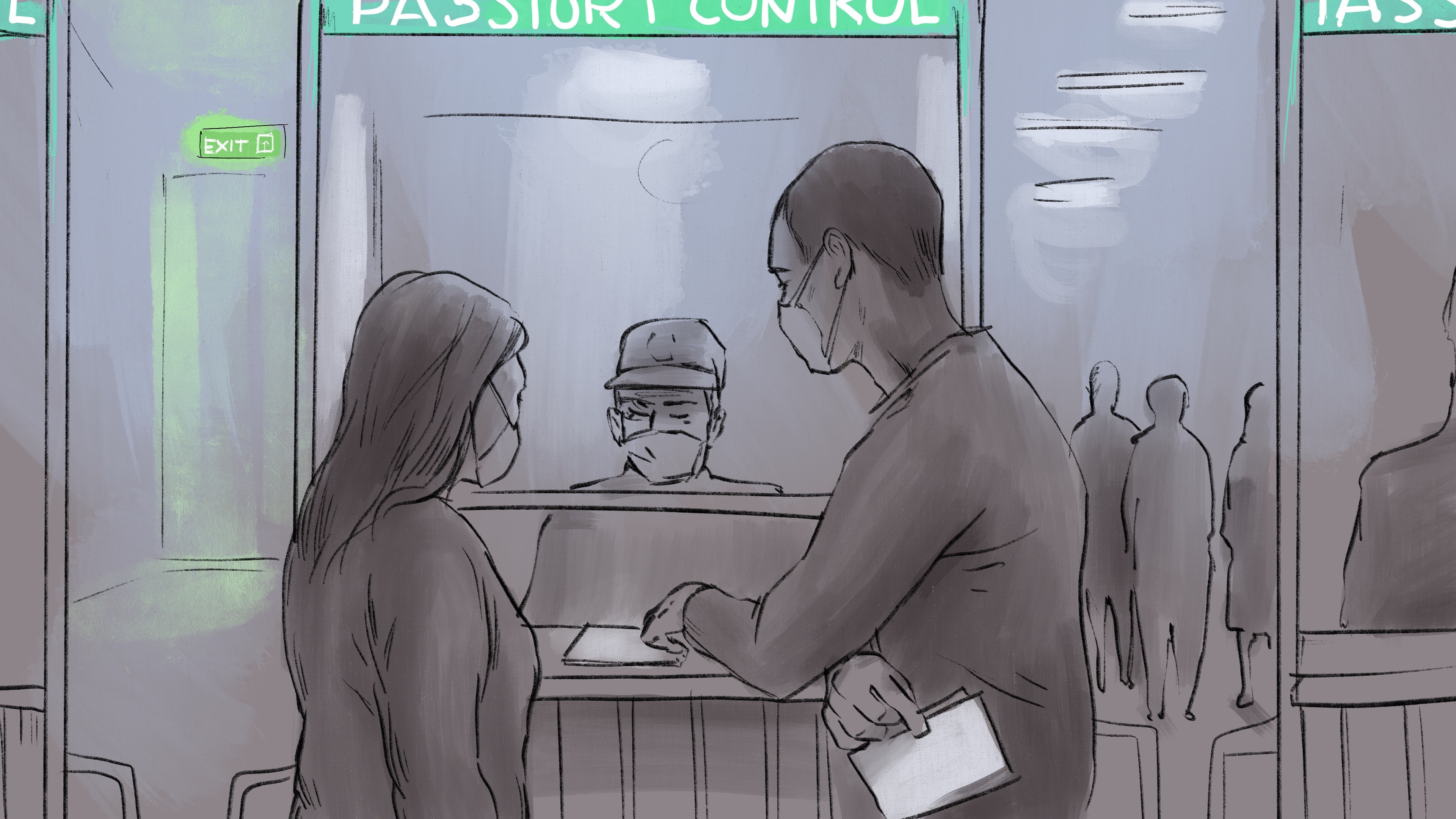 Паспортный контроль. Иллюстрация предоставлена Meydan TV. Паспортный контроль. Иллюстрация предоставлена Meydan TV.