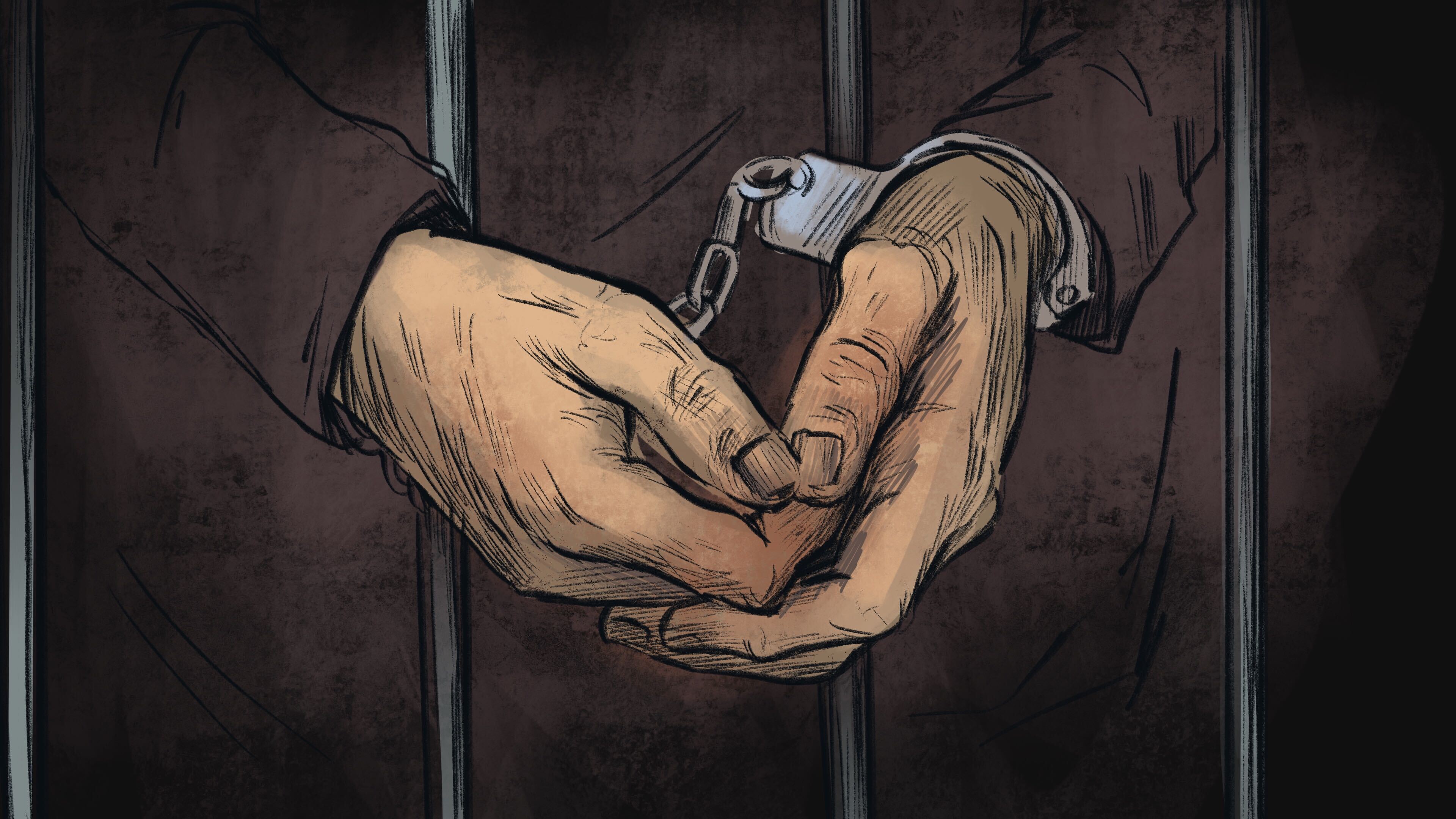 В наручниках и камере. Иллюстрация Мейдан ТВ В наручниках и камере. Иллюстрация Мейдан ТВ