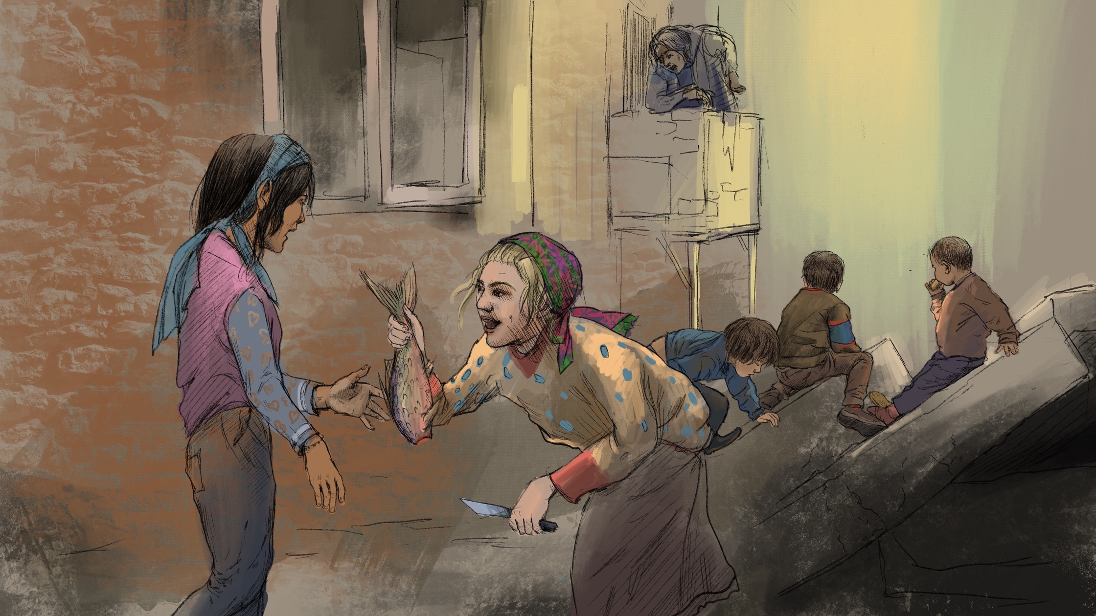 Девочка с ножом и рыбой. Иллюстрация "Мейдан ТВ" Девочка с ножом и рыбой. Иллюстрация "Мейдан ТВ"