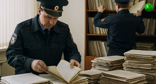 Полицейские проводят обыск. Иллюстрация создана «Кавказским узлом» с помощью ИИ в программе Copilot