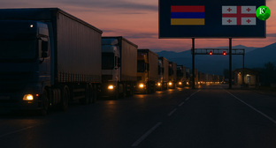 Фуры на границе Армении и Грузии. Иллюстрация создана «Кавказским узлом» с помощью ИИ в программе Copilot Фуры на границе Армении и Грузии. Иллюстрация создана «Кавказским узлом» с помощью ИИ в программе Copilot