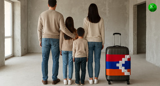 Семья из Нагорного Карабаха. Иллюстрация создана «Кавказским узлом» с помощью ИИ в программе Copilot