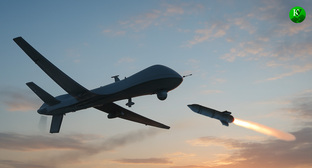 Ракета сбивает БПЛА. Иллюстрация создана «Кавказским узлом» с помощью ИИ в программе Copilot Ракета сбивает БПЛА. Иллюстрация создана «Кавказским узлом» с помощью ИИ в программе Copilot