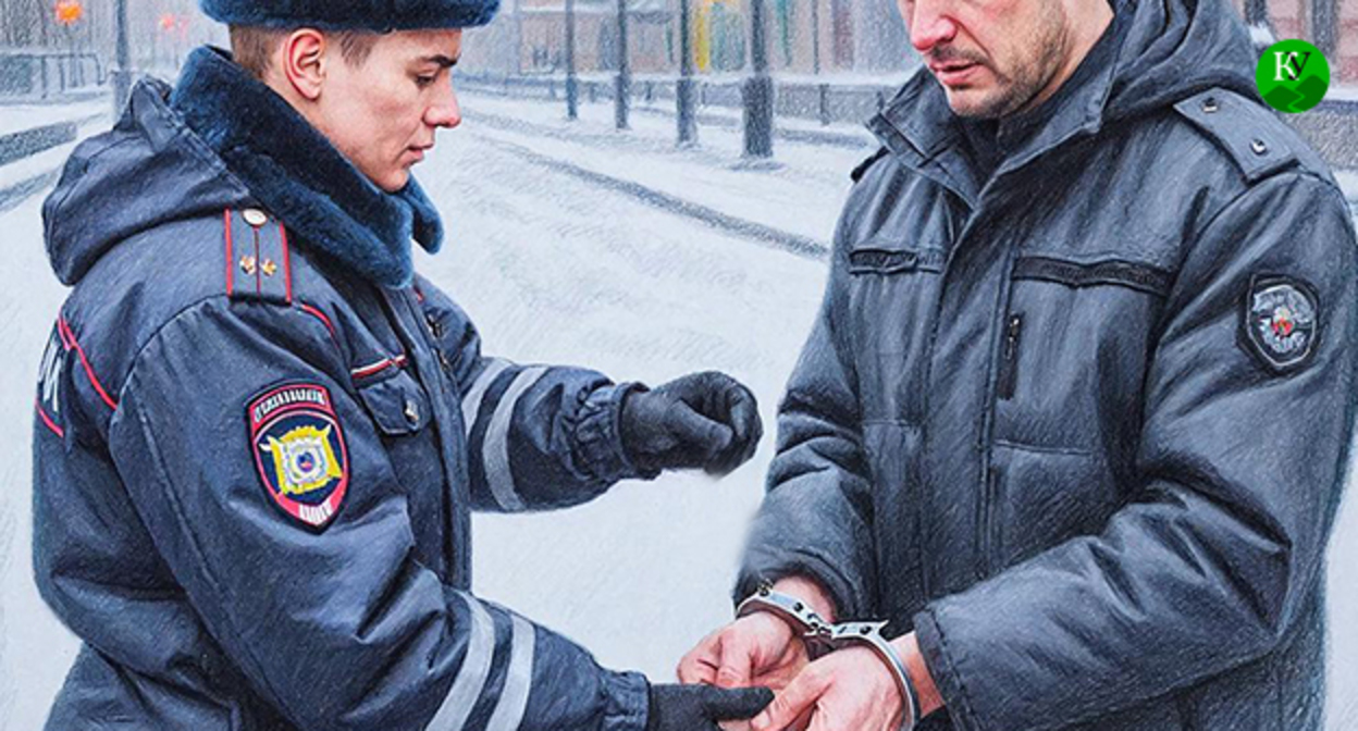 Сотрудник полиции задерживает мужчину. Иллюстрация создана "Кавказским узлом" при помощи ИИ в программе Copilot