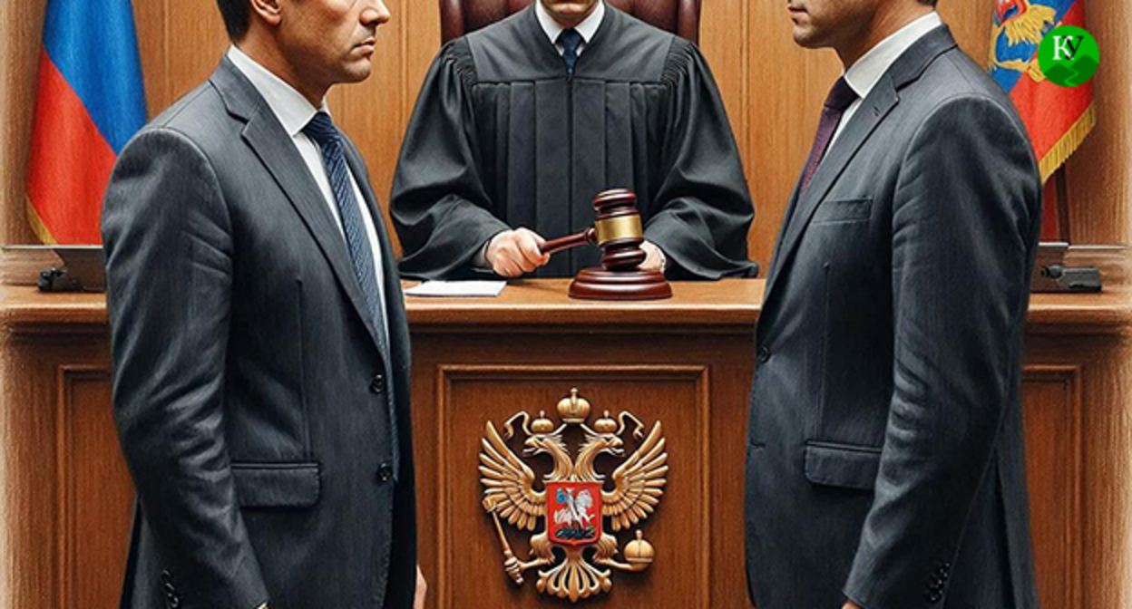 Мужчины в зале суда. Иллюстрация создана "Кавказским узлом" при помощи ИИ в программе Copilot