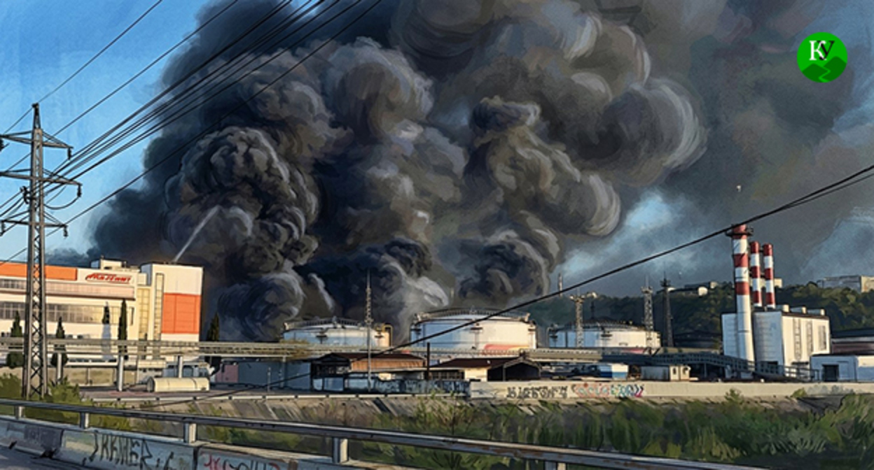 Пожар в порту Туапсе. Иллюстрация создана "Кавказским узлом" при помощи ИИ в программе Copilot