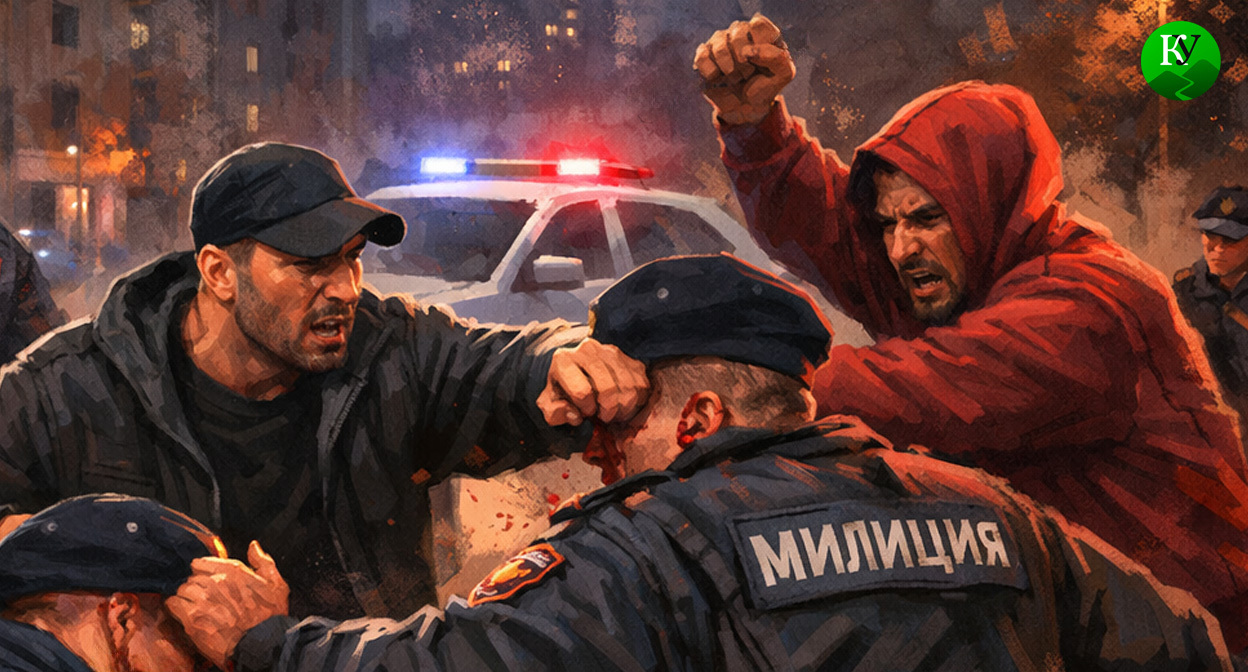 Драка с милицией. Иллюстрация создана «Кавказским узлом» с помощью ИИ в программе Copilot