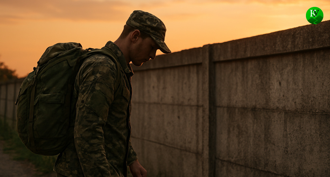 Военный у забора части. Иллюстрация создана «Кавказским узлом» с помощью ИИ в программе Copilot
