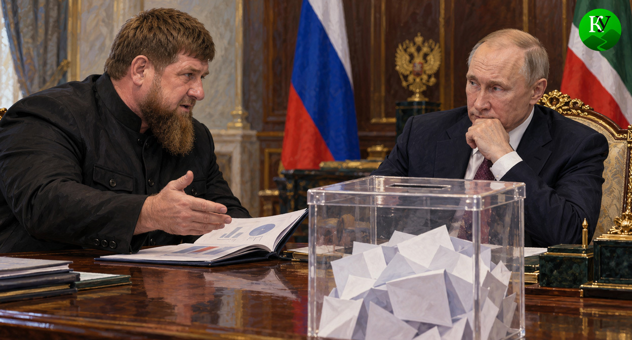 Кадыров и Путин. Иллюстрация создана «Кавказским узлом» с помощью ИИ в программе Copilot