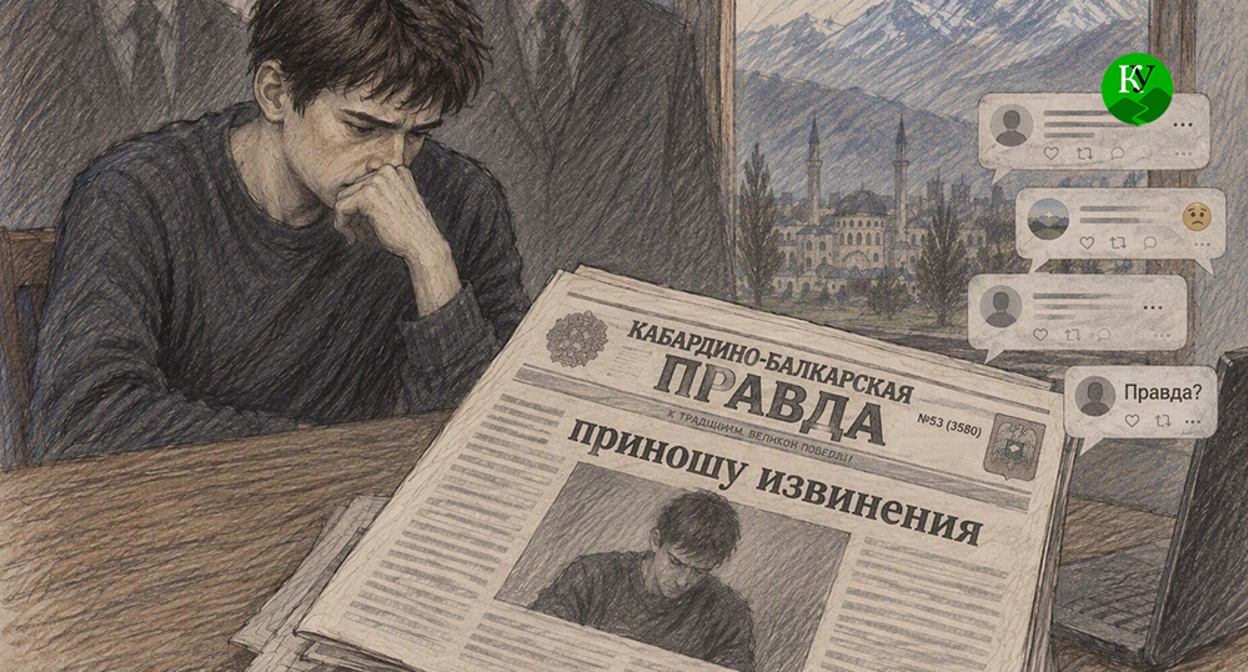Заметка с публичными извинениями в газете. Иллюстрация создана "Кавказским узлом" при помощи ИИ в программе Copilot