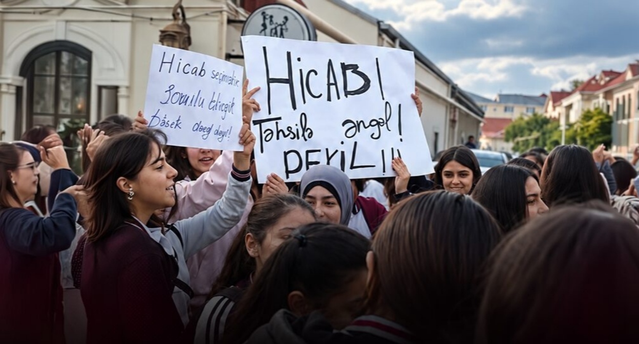 Акция протеста против запрета на ношение хиджабов. Кадр видеозаписи, сделанной около школы № 69 в посёлке Балаханы. Источник: Meydan TV https://www.meydan.tv/az/article/hicab-qadagasi-fonunda-t%c9%99hsil-i%cc%87dar%c9%99si-m%c9%99kt%c9%99bl%c9%99rd%c9%99-yoxlamalara-baslayir/