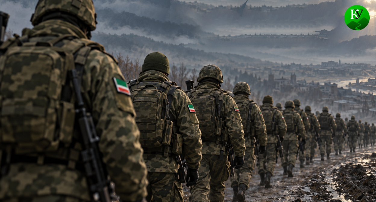 Военные из Чечни. Иллюстрация создана «Кавказским узлом» с помощью ИИ в программе Copilot